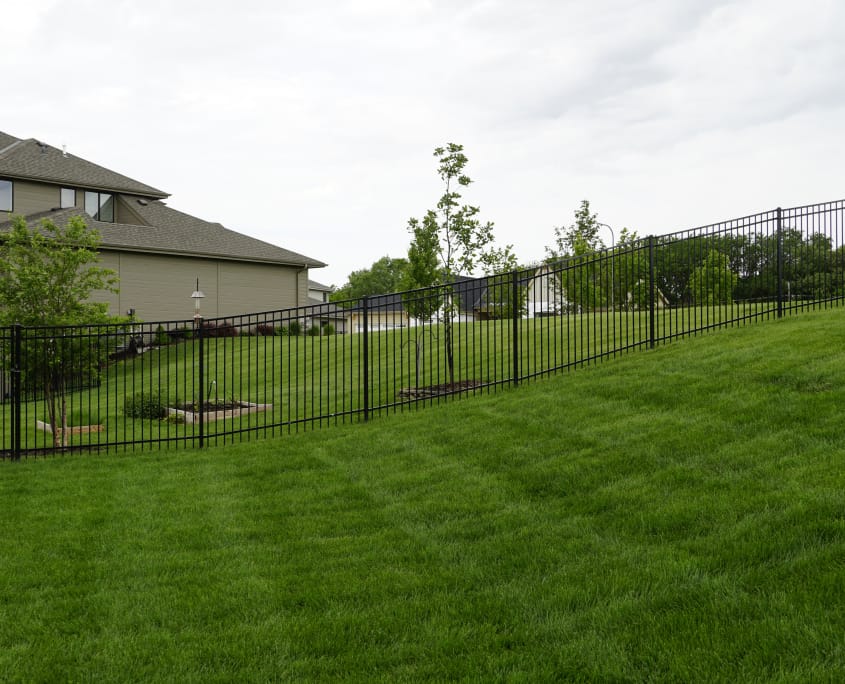 Large yard with black ornamental fence.